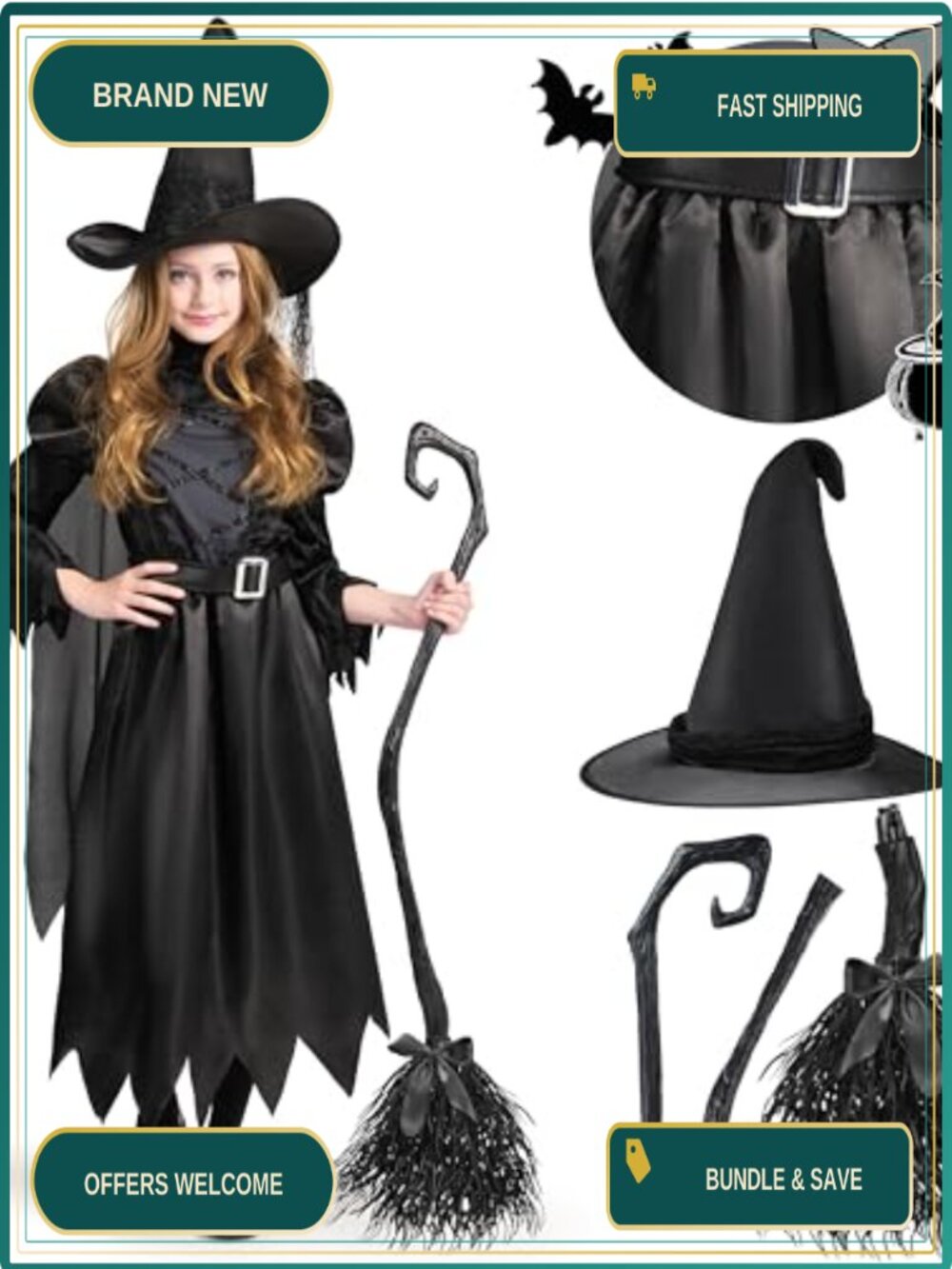 Girls Witch Costume Set Dress Cape Hat Belt Broom Kids Halloween